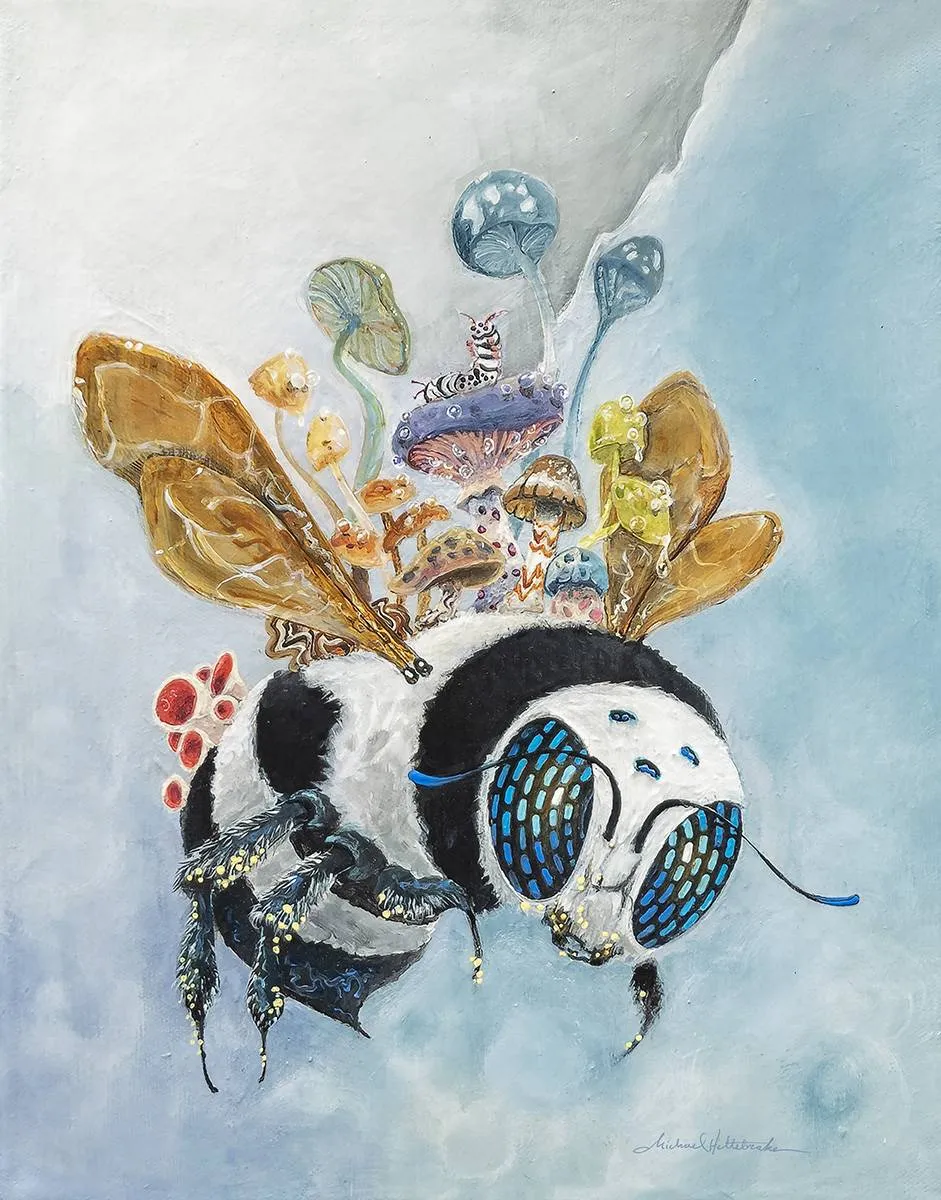 A large bee with blue eyes and golden wings flies through the air; various colorful mushrooms and fungi grow from its back against a light blue background.