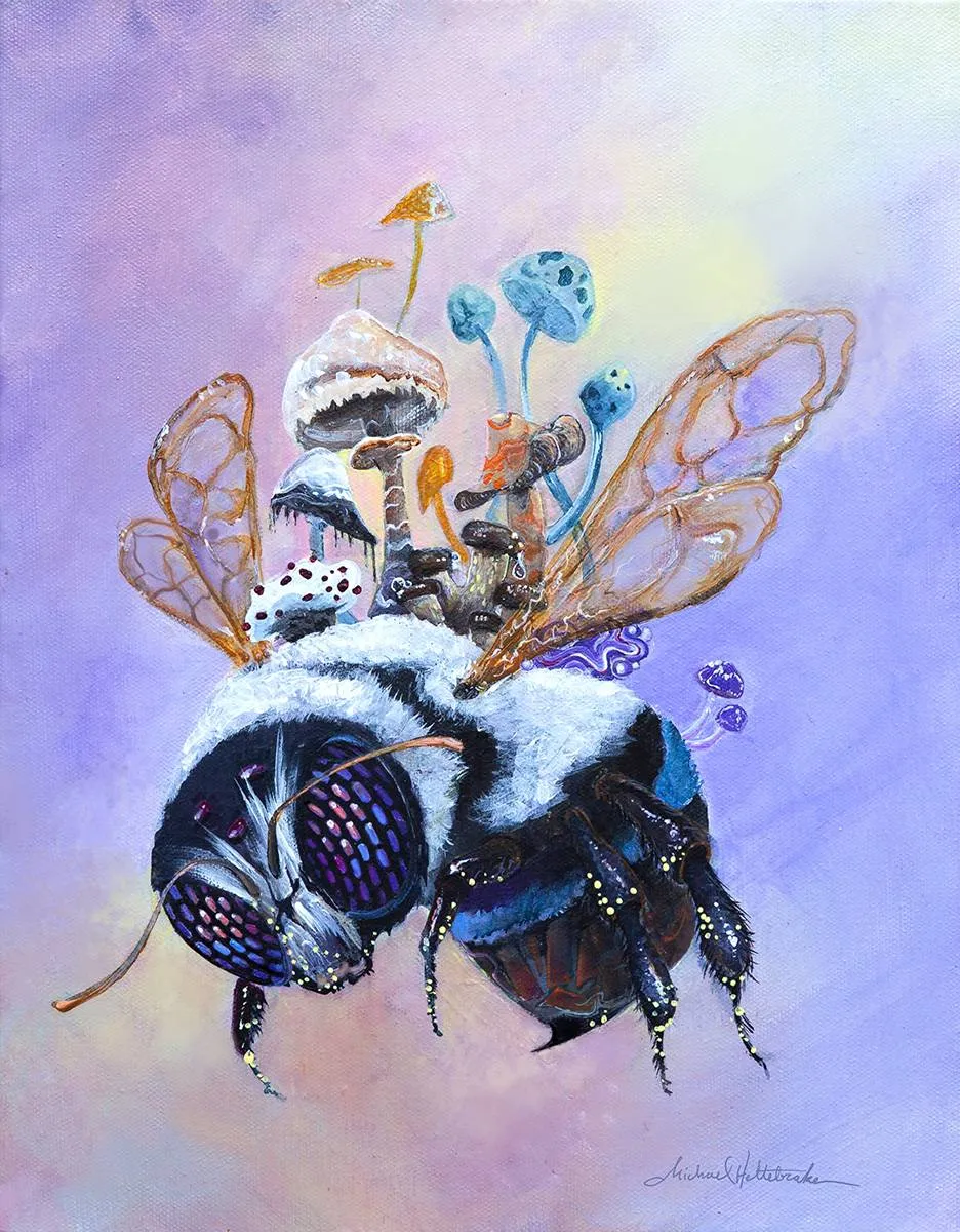 A painting of a bee with detailed wings and body, featuring various mushrooms and fungi growing on its back, set against a soft, pastel-colored background.