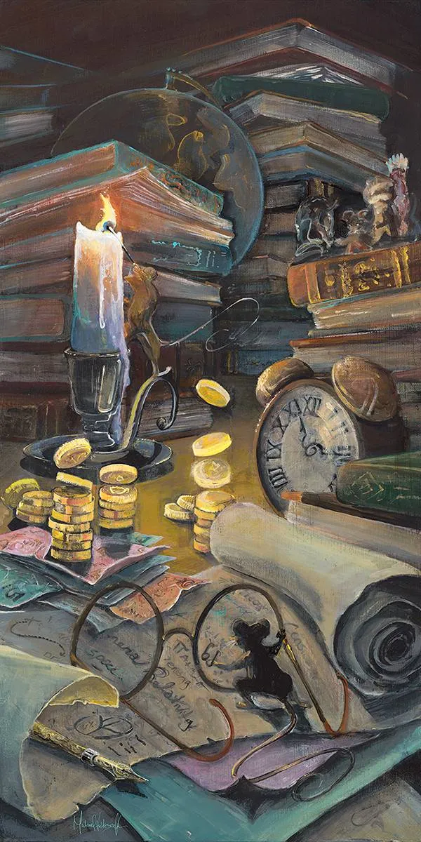 A lit candle, stacked coins, eyeglasses, scrolls, an old clock, and many books are arranged in a cluttered, vintage still life scene.
